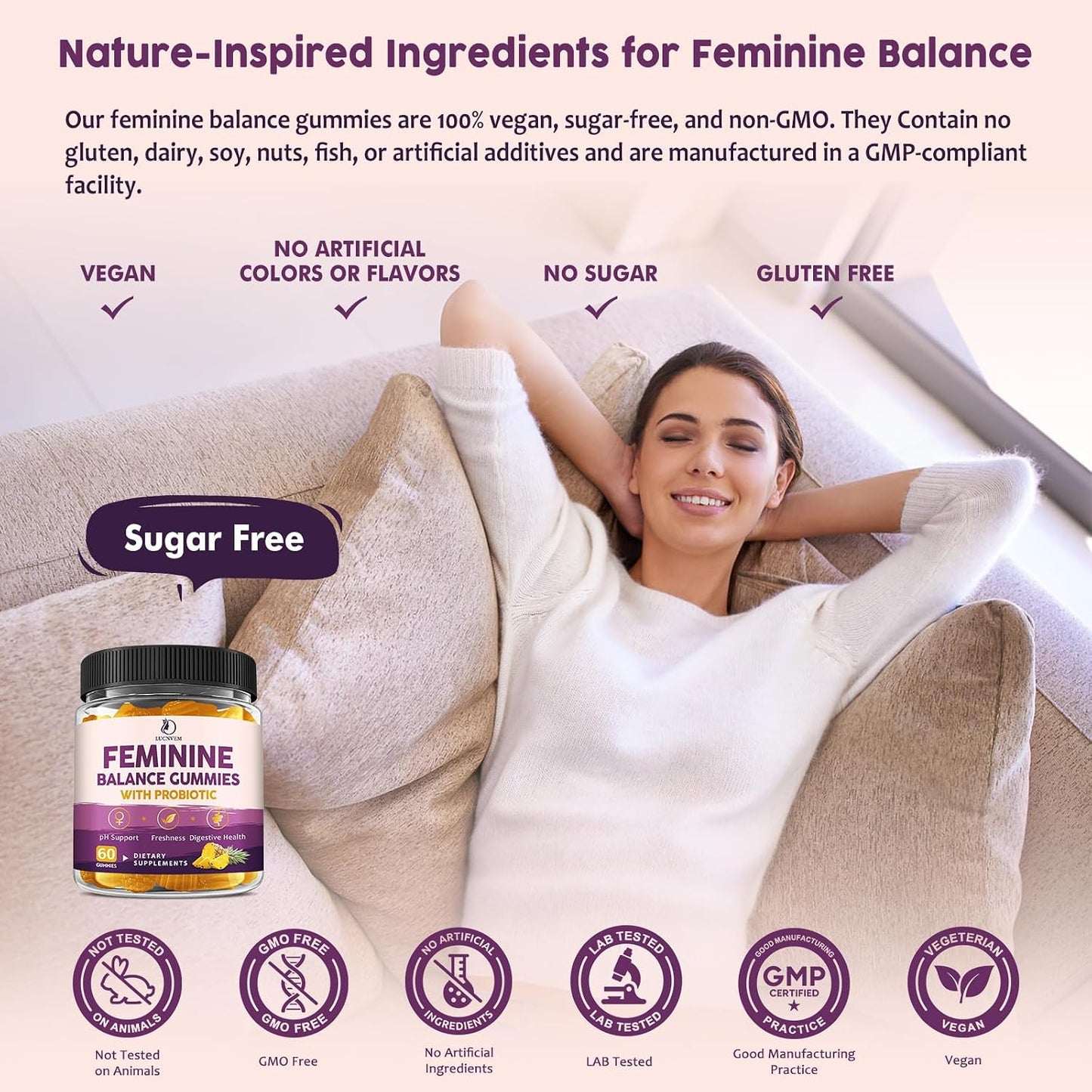 Feminine Balance Probiotic Gummies for Women – Support Vaginal Health, pH Balance, Freshness & Digestive Health – with Pineapple, Slippery Elm, Cranberry, D-Mannose – Sugar-Free, Pineapple Flavor