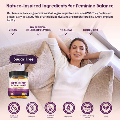 Feminine Balance Probiotic Gummies for Women – Support Vaginal Health, pH Balance, Freshness & Digestive Health – with Pineapple, Slippery Elm, Cranberry, D-Mannose – Sugar-Free, Pineapple Flavor