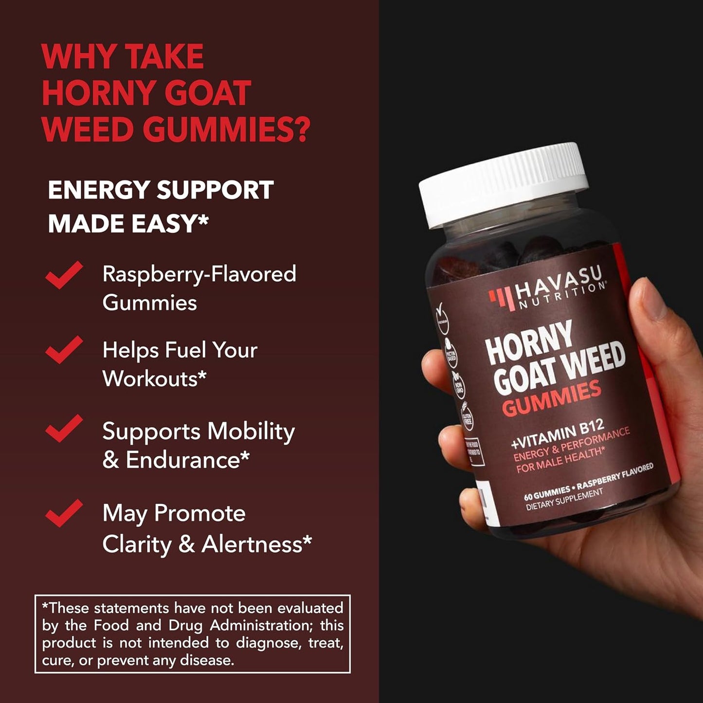 Horny Goat Weed Gummies with Vitamin B12, Raspberry Flavor, 30 Servings | Vegan, Non-GMO Horny Goat Weed Gummies to Support Drive, Vitality and Performance for Men, 60 Count, 1-Month Supply