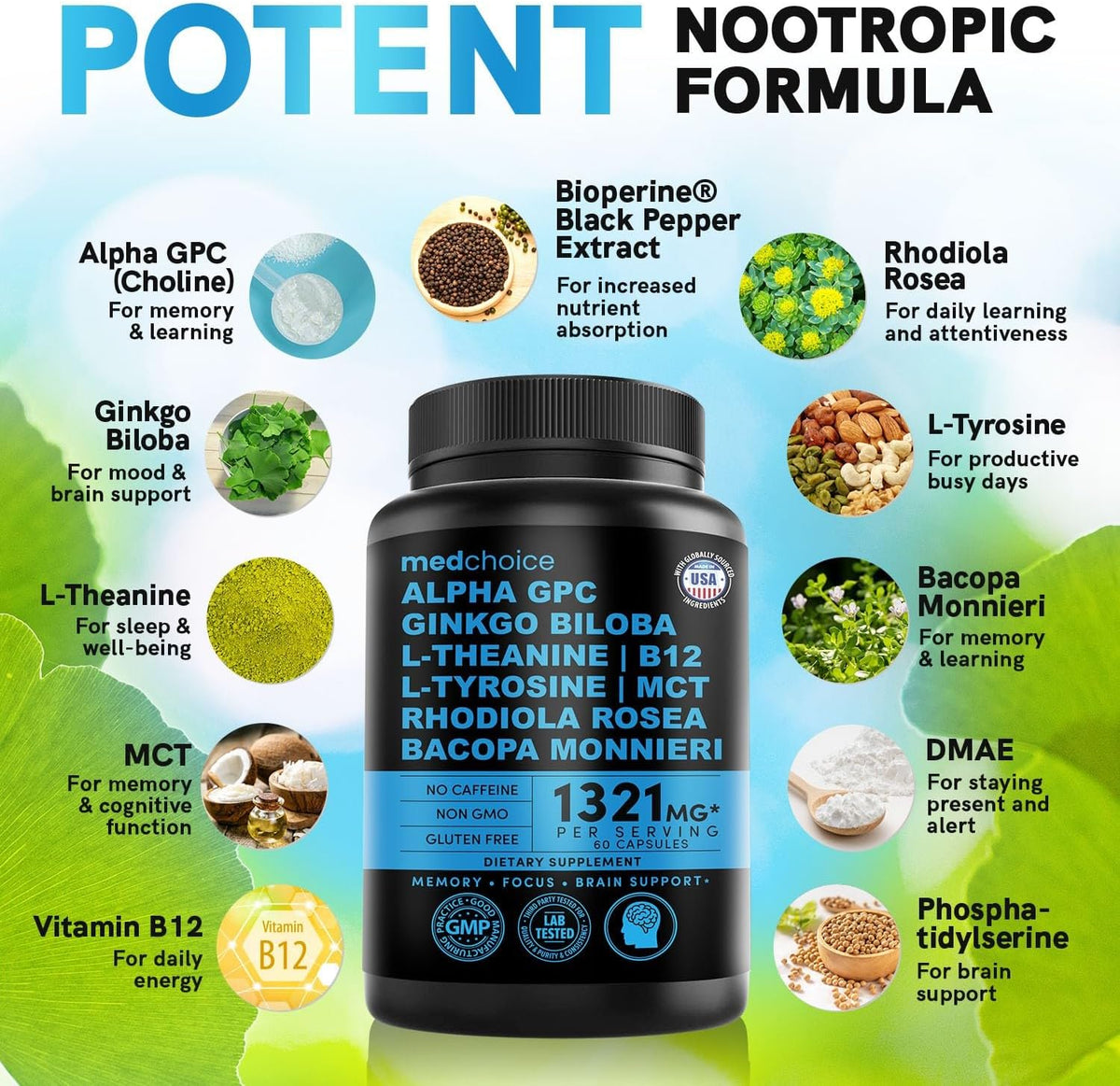 MEDCHOICE 11-in-1 Nootropic Brain Supplement, Non-Caffeinated, 60ct