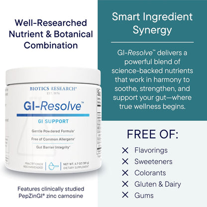 BIOTICS RESEARCH GI Resolve™ Advanced L-Glutamine Powder Formula for Gut Lining Support & Healing - Optimal Gastrointestinal Function - Premium 7-Ingredient with Zinc Carnosine & Botanicals- 6.7oz