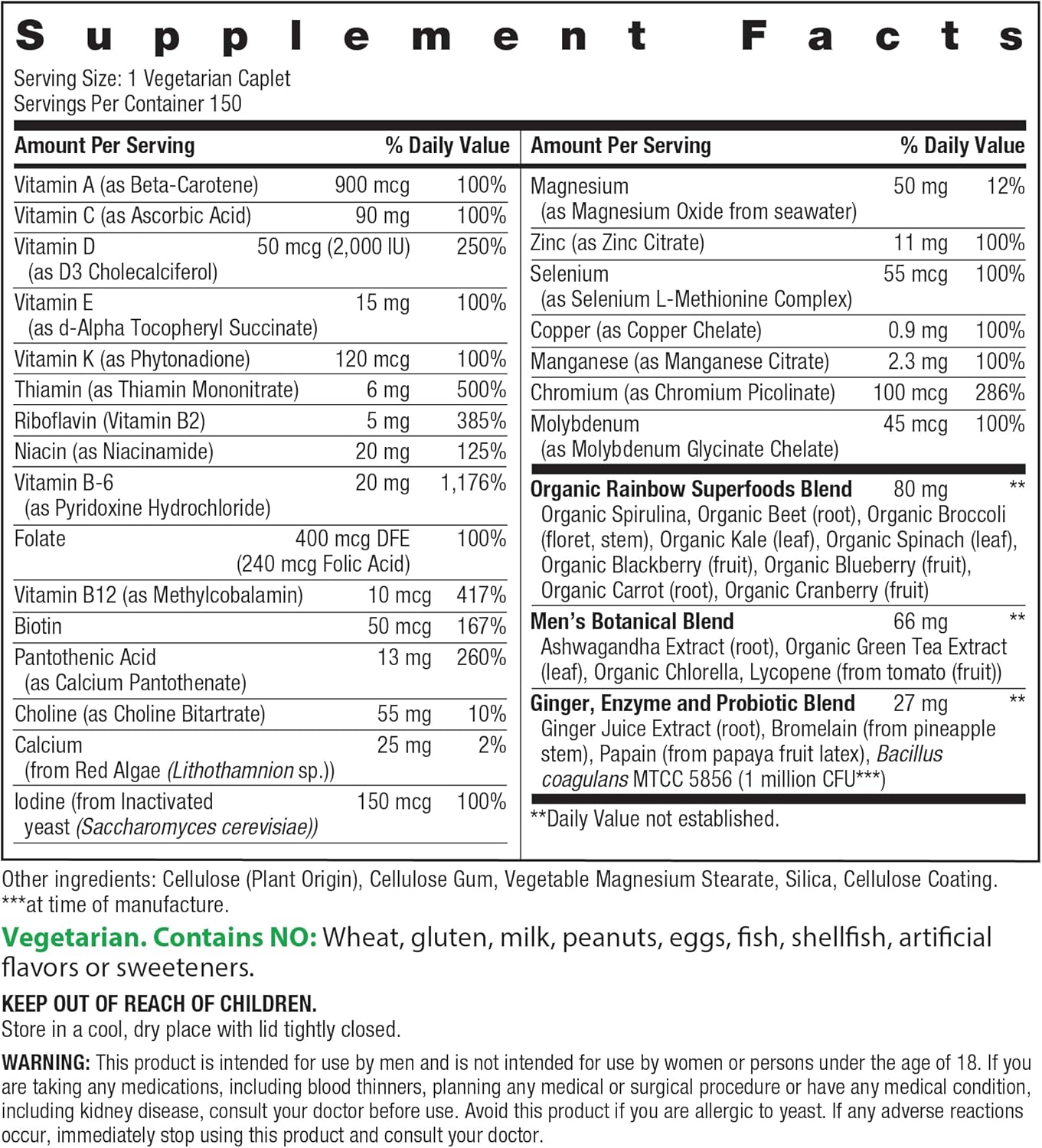 Rainbow Light Mens Multivitamin One + | 150 Caplets | Supports Cellular Energy & Immune Health | with Vitamins C, D, and Zinc | Real Food Nutrients, Digestive Enzymes & Probiotics
