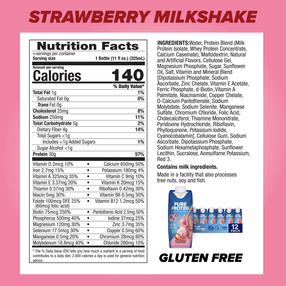 Pure Protein Strawberry Protein Shake, 30g Complete Protein, Ready to Drink and Keto