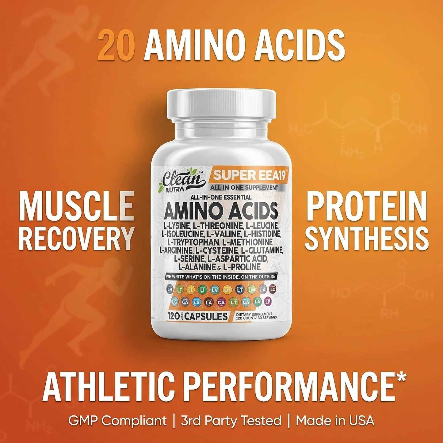 Clean Nutraceuticals Amino Acids Supplement L-Lysine, L-Threonine, L-Leucine, Isoleucine, Valine, L-Histidine, L-Tryptophan, L-Methionine, L-Arginine, L-Cysteine, L-Glutamine, L-Serine, Aspartic Acid