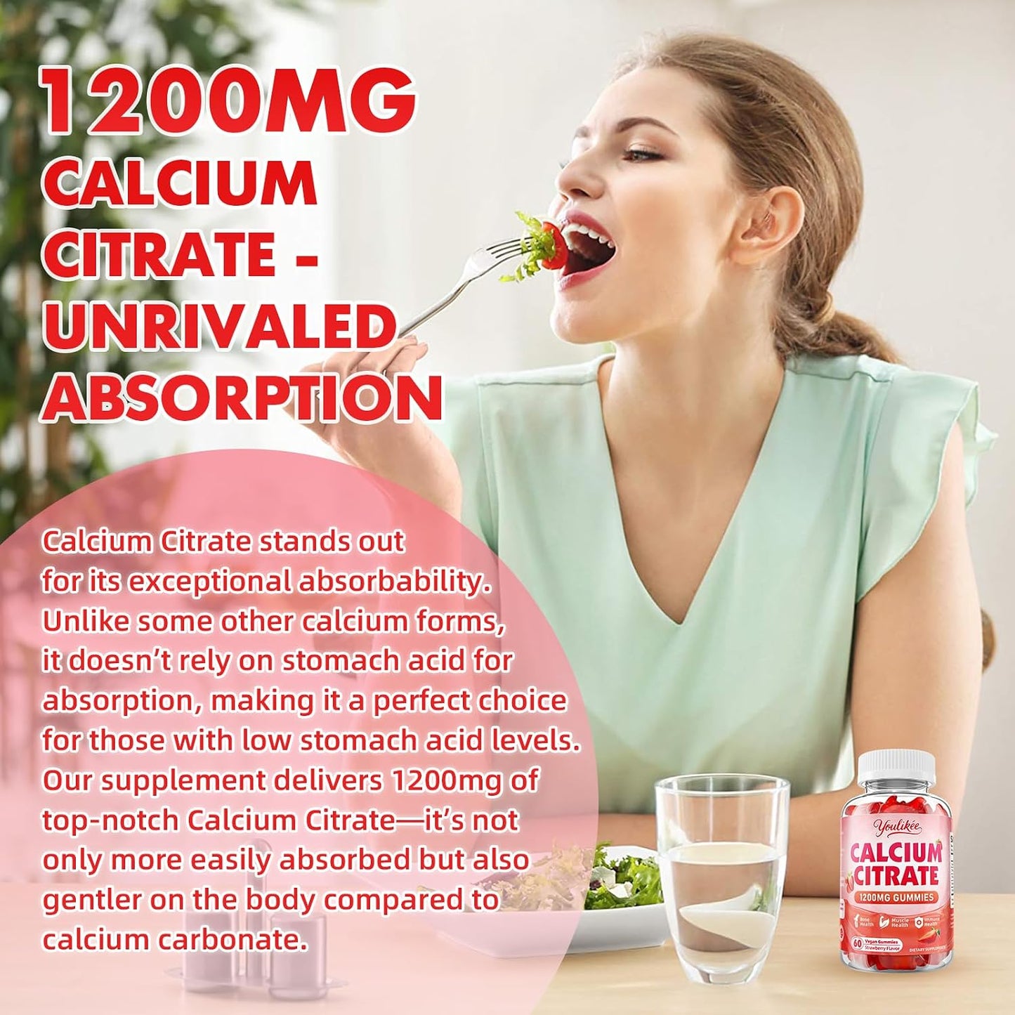 Calcium Citrate Gummies 1200 mg, Calcium Supplement for Women & Men | Ultimate Absorption Calcium Gummies for Muscle & Immune Support, Strawberry Flavor, 60 Count