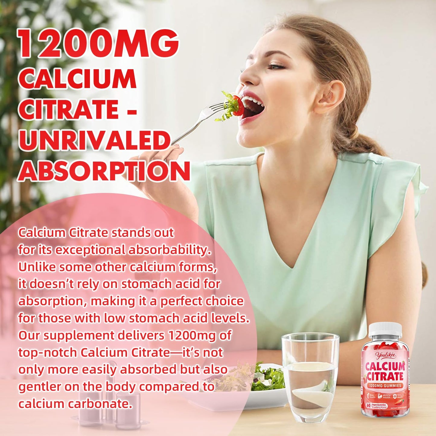 Calcium Citrate Gummies 1200 mg, Calcium Supplement for Women & Men | Ultimate Absorption Calcium Gummies for Muscle & Immune Support, Strawberry Flavor, 60 Count
