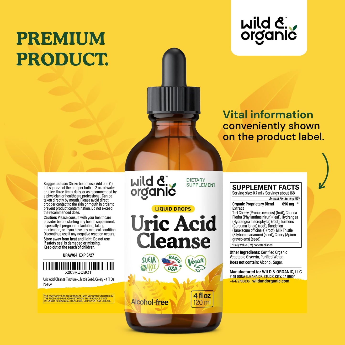 Wild & Organic Uric Acid Cleanse Liquid Drops - Tart Cherry, Turmeric, Celery, Chanca Piedra, Dandelion Root Extract Complex - Uric Acid Supplement - Vegan, Sugar & Alcohol-Free Tincture - 4 fl oz
