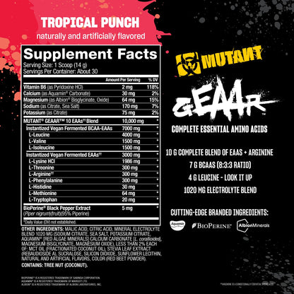 Mutant GEAAR - 9.4g of EAA Powder + Arginine, 7g BCAAs, 4g Leucine, Electrolytes, Coconut Water, 30 Servings - Fruit Punch