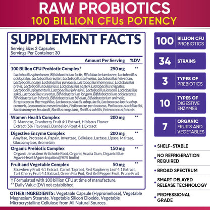 Wholesome Wellness Probiotics for Women 100 Billion CFUs with Prebiotics, Digestive Enzymes + Liposomal Vitamin C Capsules High Absorption, Ascorbic Acid Supplement Bundle