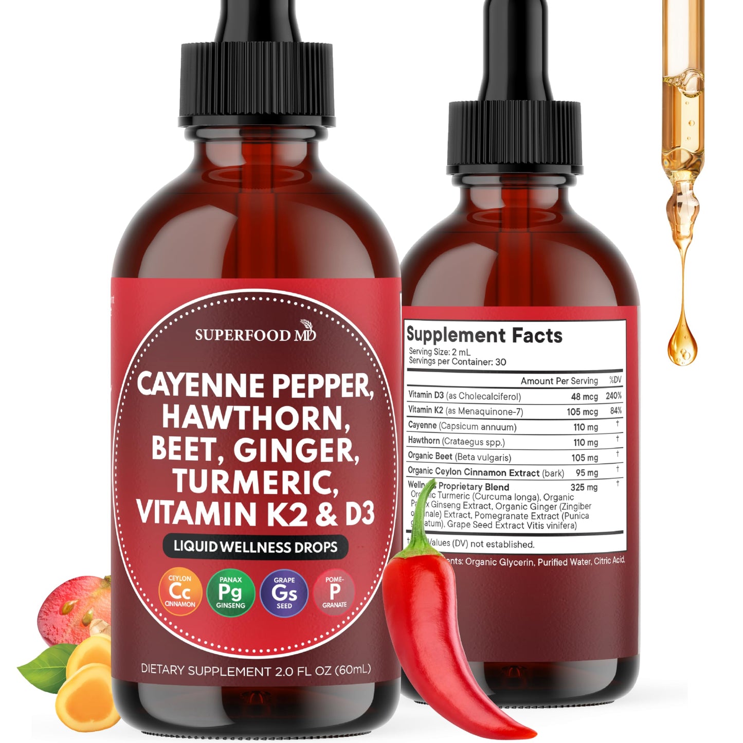 Cayenne Pepper Supplement Liquid Drops + Hawthorn Berry, Vitamin D3 K2 Beet Root Powder, Ceylon Cinnamon, Turmeric Curcumin, Organic Panax Ginseng - 4 OZ