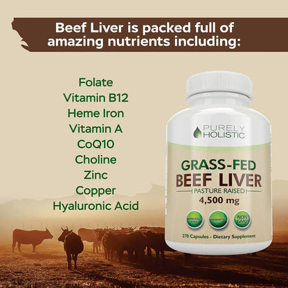 Grass Fed Beef Liver Capsules, 750mg Per Capsule, Energy Support, 270 Ct | Pasture-Raised Hormone-Free and Non-GMO Beef Liver Supplement, Desiccated Ancestral Organ Supplements for Men and Women