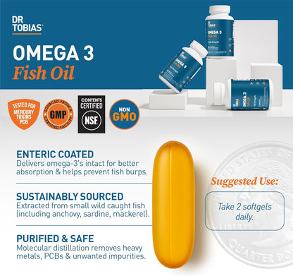 Dr. Tobias Omega 3 Fish Oil 2000mg Triple Strength | 180 Softgels | Heart, Brain & Joint Support | 2,000 mg Fish Oil | 800 mg EPA + 600 mg DHA | Delayed Release Omega 3 Supplement | 90 Servings