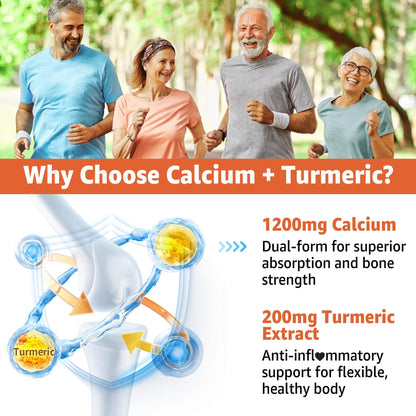 Calcium Gummies with Turmeric for Women & Men - Calcium 1200mg with Vitamin D3 K2 B12 5000 IU & Zinc, Suger-Free Calcium Supplement for Bone, Muscle Strength & Immune Support - Vegan(120 Count)