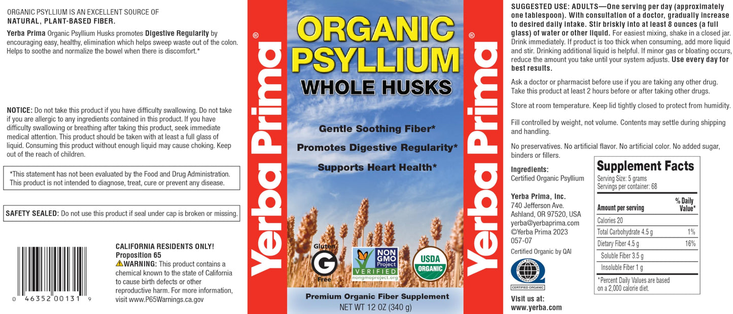 Yerba Prima Organic Psyllium Whole Husks 12 oz - Natural Dietary Fiber Supplement, Non GMO, Gluten Free, Keto and Vegan Friendly for Regularity Support, Unflavored