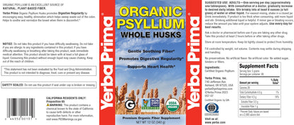 Yerba Prima Organic Psyllium Whole Husks 12 oz - Natural Dietary Fiber Supplement, Non GMO, Gluten Free, Keto and Vegan Friendly for Regularity Support, Unflavored