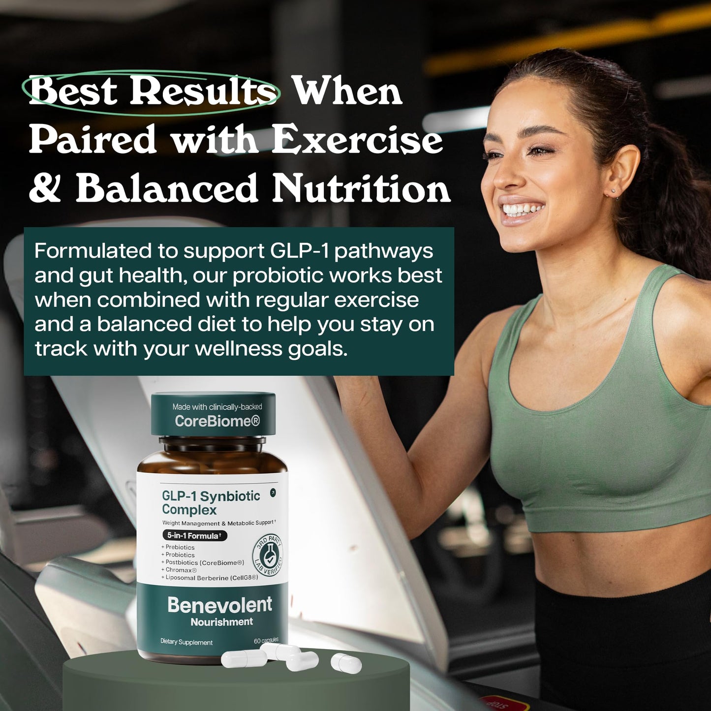 Benevolent Glp-1 Support | 5-in-1 Synbiotic with Akkermansia, MetSyn®, Chromax® & Liposomal Berberine | Natural GLP 1 Probiotics Supplement for Weight Management & Metabolic Balance, 60 Ct