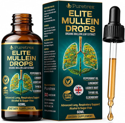 Elite Mullein Drops for Lungs, Respiratory Support, Organic Leaf Extract Liquid, Lungwort, Licorice Root, Thyme, Elderberry, Peppermint Oil, Vegan, Alcohol & Sugar-Free, 60mL