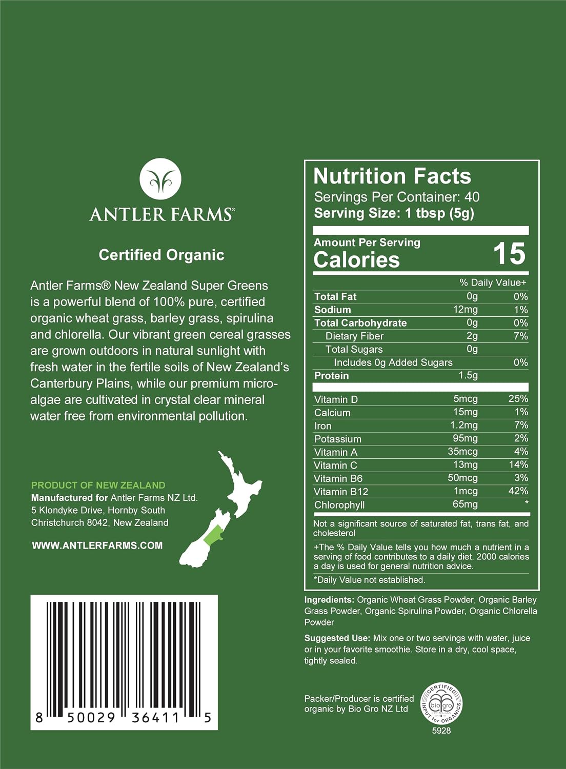 Antler Farms New Zealand Super Greens Powder - Organic, 40 Servings, 200g | 100% Pure, Wheat Grass, Barley Grass, Chlorella, Spirulina - Vegan, Gluten Free, Chlorophyll Rich, for Energy and Detox