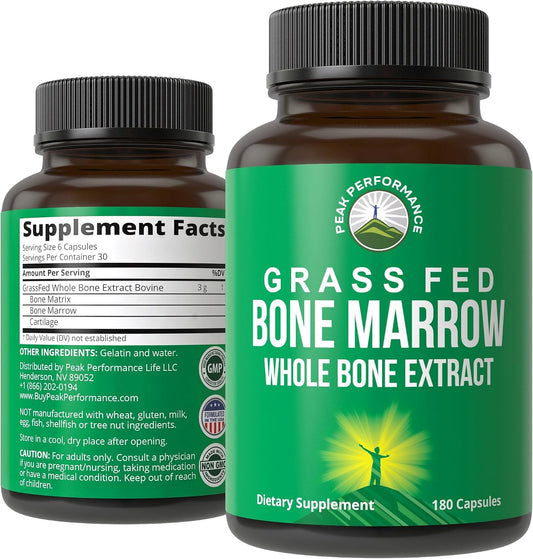 Peak Performance Grass Fed Bone Marrow - Whole Extract Supplement 180 Capsules - Superfood Pills Rich in Collagen, Vitamins, and Amino Acids - from Matrix Cartilage - Ancestral Tablets