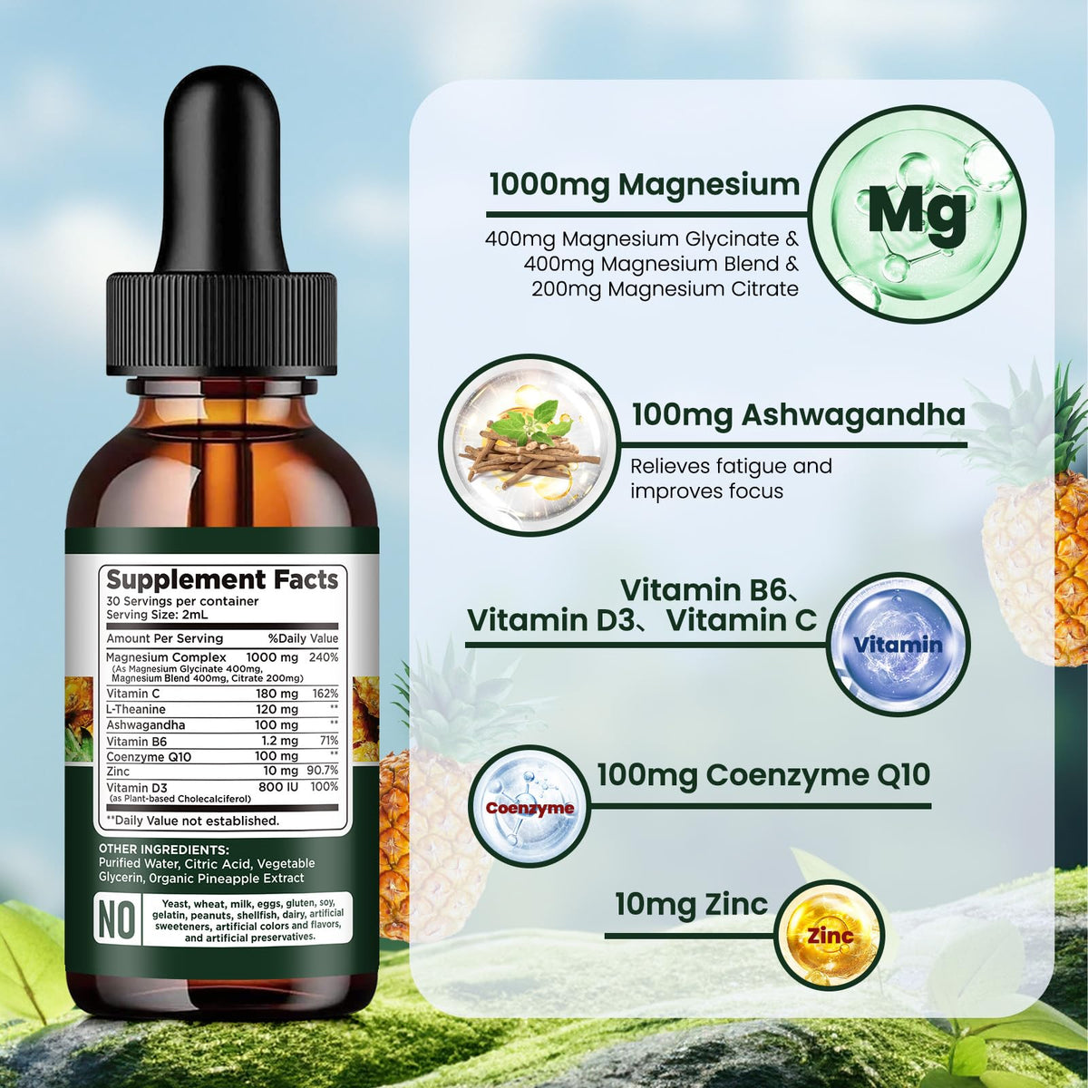 Triple Magnesium Complex Supplement, Magnesium Glycinate, Blend, Citrate Liquid Drops 1000mg with Ashwagandha, CoQ10, Vitamin B6, C, D, Zinc -Support Calm Stress Relief, Bone, Muscle, Mood Vegan