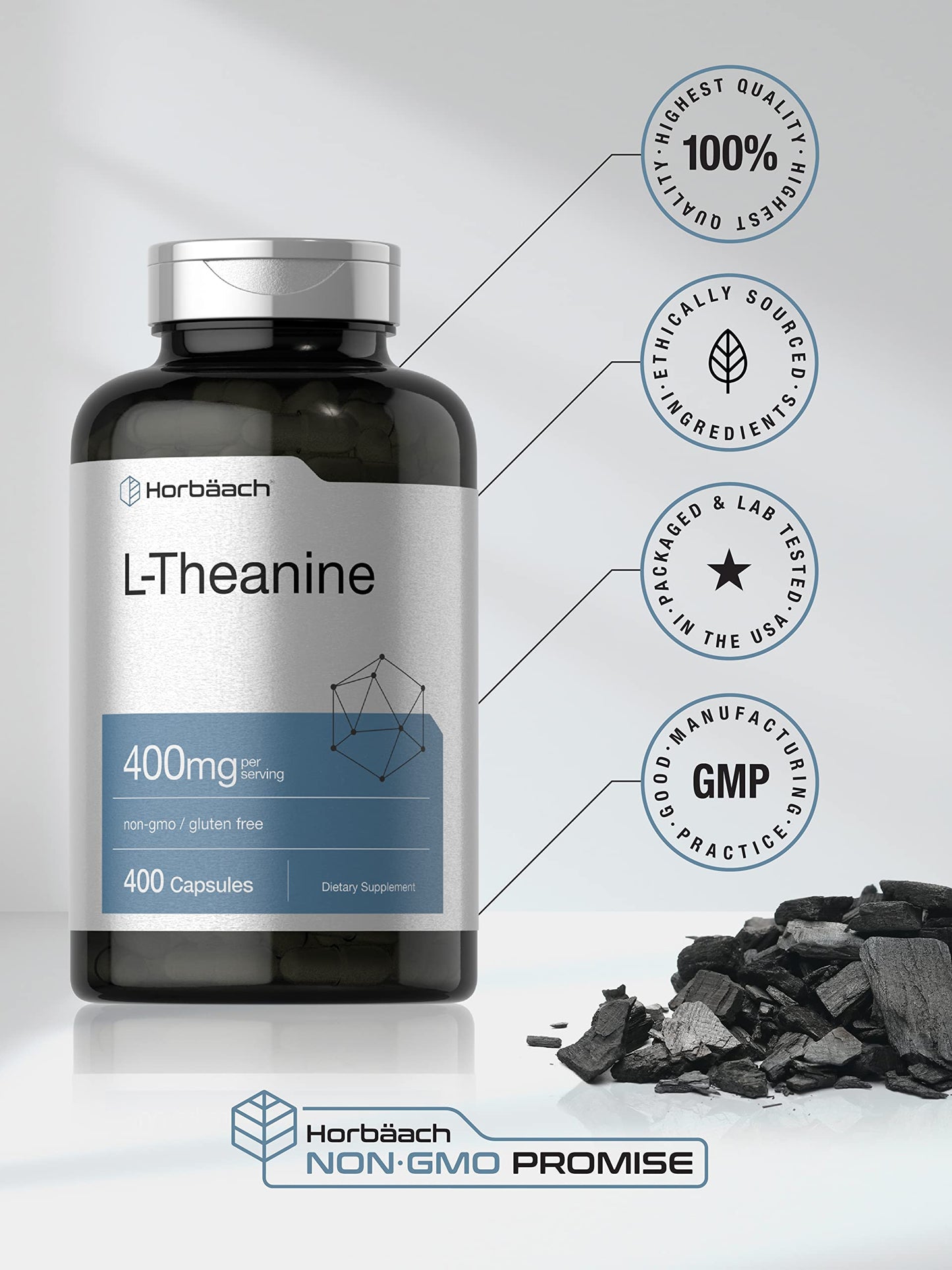 Horbäach L-Theanine Supplement | 400mg | 120 Powder Capsules | Non-GMO & Gluten Free