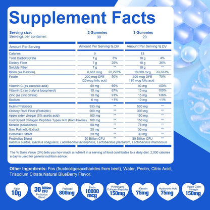 Migcopat 10G Fiber Gummies with Biotin, Collagen Peptides, Keratin, Vitamin C, E - Fiber Supplements with 30 Billion CFU Probiotics, Inulin, ACV for Digestive Health & Skin, Hair & Nails, 60 Cts