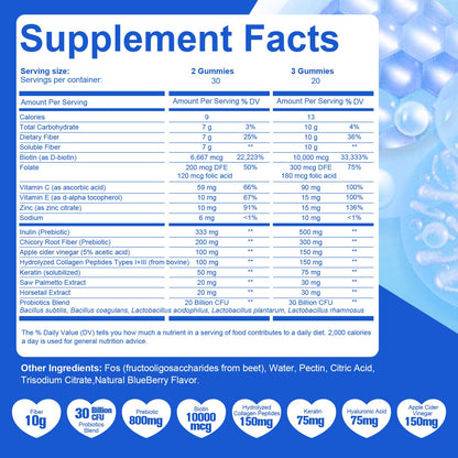 Migcopat 10G Fiber Gummies with Biotin, Collagen Peptides, Keratin, Vitamin C, E - Fiber Supplements with 30 Billion CFU Probiotics, Inulin, ACV for Digestive Health & Skin, Hair & Nails, 60 Cts