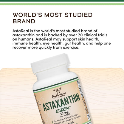 Astaxanthin - Triple Strength 12mg (Only Patented Astaxanthin (Astrareal) with 70+ Human Clinical Trials) Grown, Harvested, and Made in The USA (Astaxantina) by Double Wood
