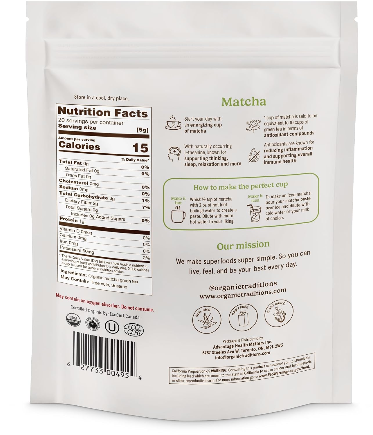 Organic Traditions Premium Matcha Powder, Authentic Japanese Tencha Leaves, Green Tea Rich in Antioxidants and Naturally Occurring L-Theanine for Calm Focus, Energy Drink Tea, 100g / 3.5oz Bag