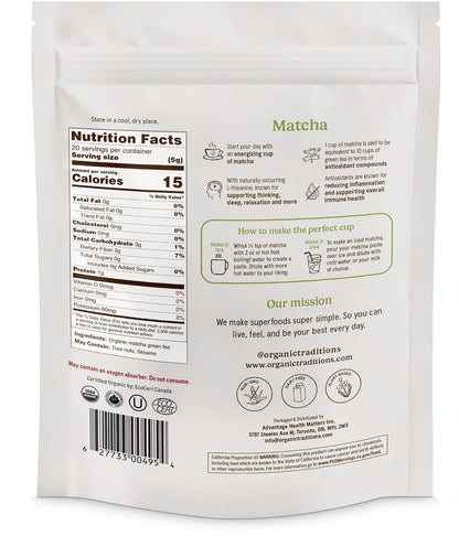 Organic Traditions Premium Matcha Powder, Authentic Japanese Tencha Leaves, Green Tea Rich in Antioxidants and Naturally Occurring L-Theanine for Calm Focus, Energy Drink Tea, 100g / 3.5oz Bag