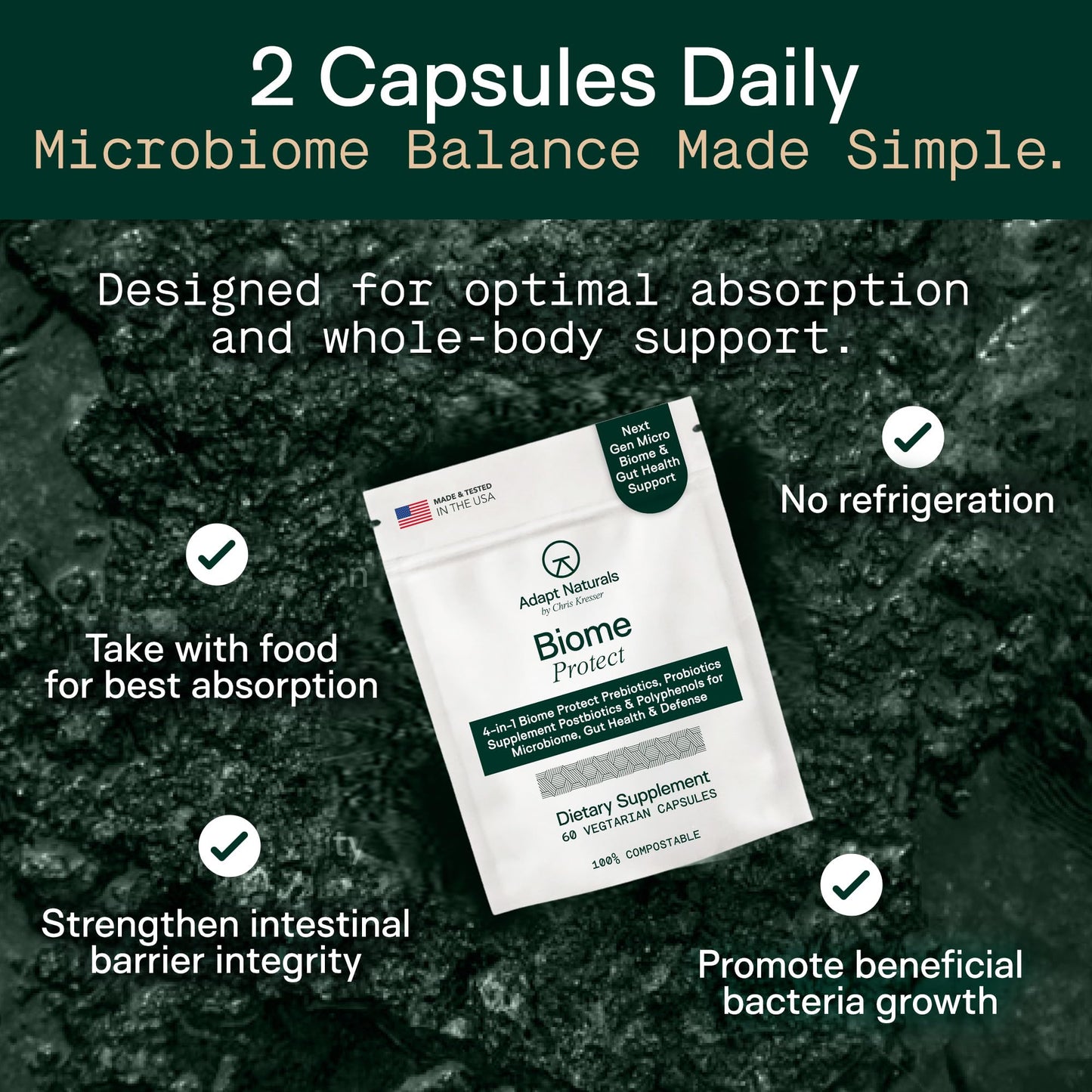 Adapt Naturals 4-in-1 Biome Protect Prebiotics, Probiotics, Postbiotics | & Polyphenols Supplement for Microbiome - Supports Immune & Gut Health, & Mental Clarity for Women & Men - 30 Day Supply
