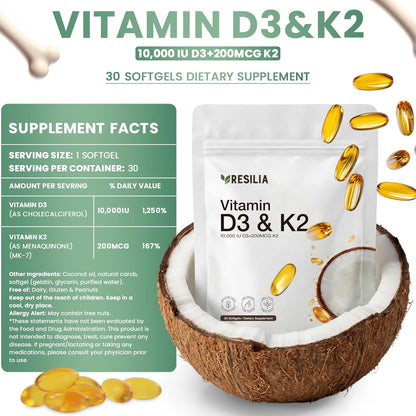 Resilia D3 K2 Vitamin 10000 IU + MK-7 200 mcg – High Potency Softgels with Coconut Oil for Maximum Absorption – Supports Bone Strength, Heart Health & Immune System – (30 Count)
