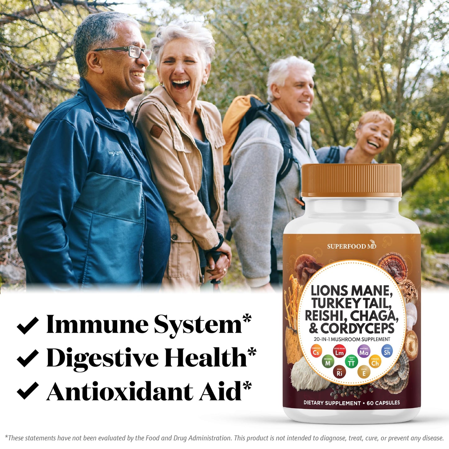 Superfood MD Lions Mane Mushroom Supplement with Turkey Tail Reishi Cordyceps Chaga with Marshmallow Root - 120 Count
