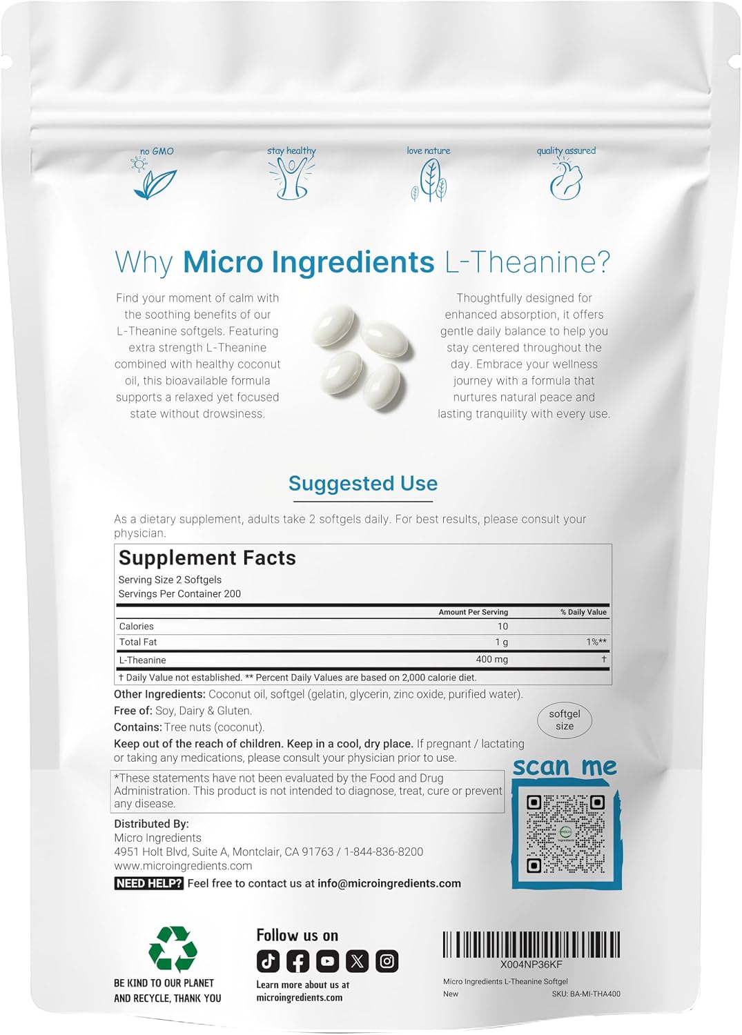Micro Ingredients L-Theanine 400mg, 400 Softgels | Highly Bioavailable with Coconut Oil | Extra Strength Theanine Amino Acid | Calm & Relaxation Support + Focus Supplement | Non-GMO, Gluten Free