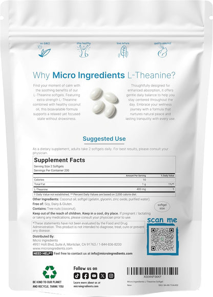 Micro Ingredients L-Theanine 400mg, 400 Softgels | Highly Bioavailable with Coconut Oil | Extra Strength Theanine Amino Acid | Calm & Relaxation Support + Focus Supplement | Non-GMO, Gluten Free