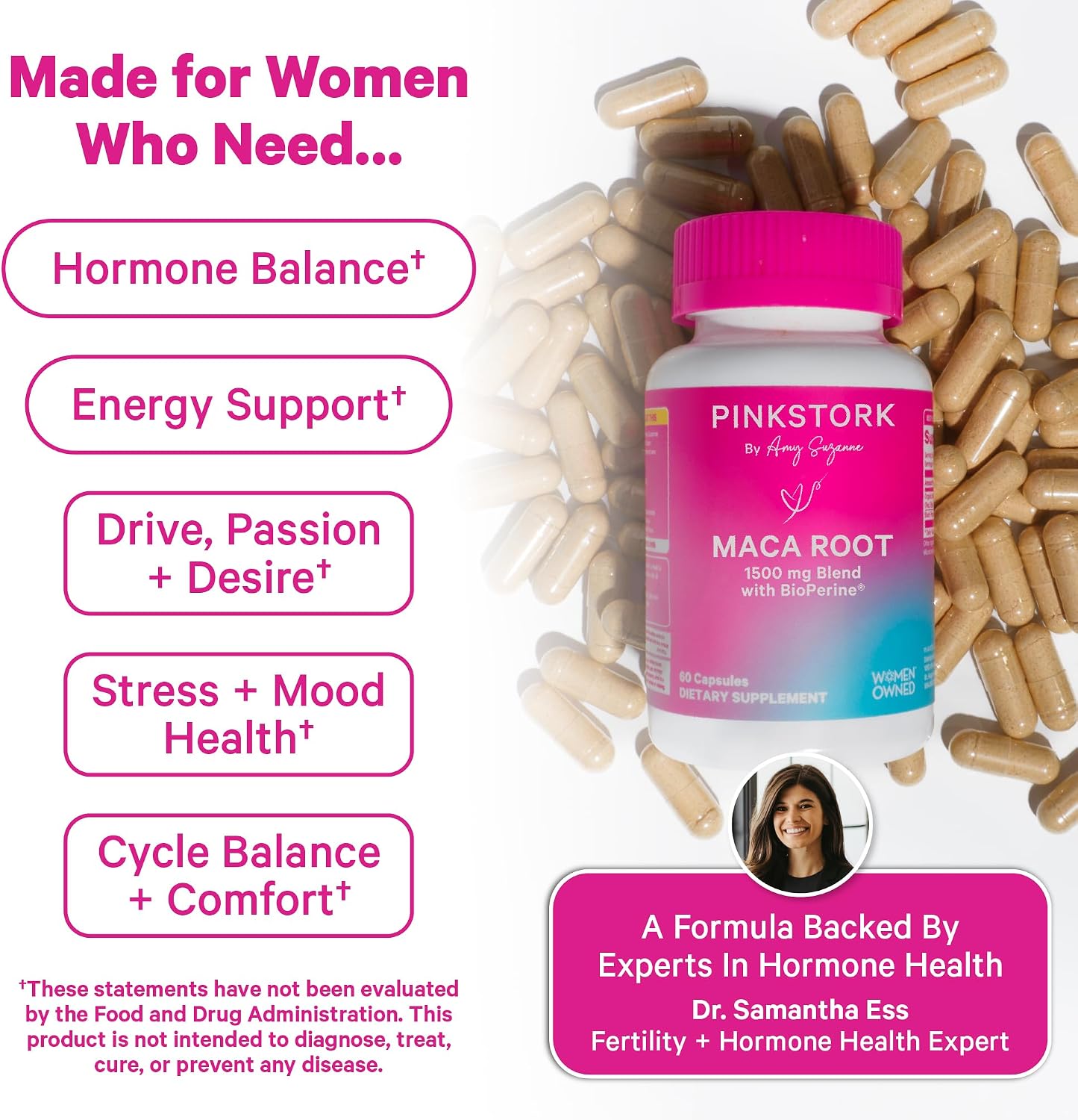 Pink Stork Organic Maca Root Capsules for Women, 1500 mg, 60 Count | With BioPeirne, Hormonal Balance, Menstrual Health, Energy, + Vitality Support, Perimenopause Comfort