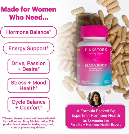 Pink Stork Organic Maca Root Capsules for Women, 1500 mg, 60 Count | With BioPeirne, Hormonal Balance, Menstrual Health, Energy, + Vitality Support, Perimenopause Comfort