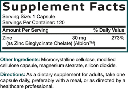 Bronson Zinc Glycinate 30mg Chelated Superior Absorption 100% Chelated Formula Non-GMO, 120 Vegetarian Capsules