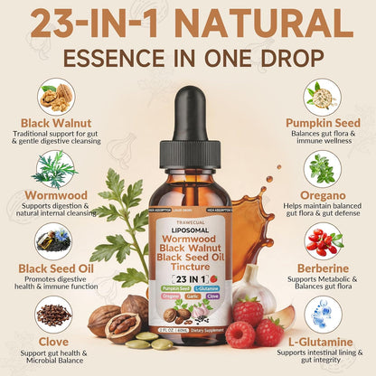 Black Walnut Wormwood Black Seed Oil Cleanse Tincture, 23-in-1 Gentle Gut Detox & Digestive Health Support with Clove, Pumpkin Seed, Oregano, Berberine - Liposomal, Raspberry Flavor, 2FL
