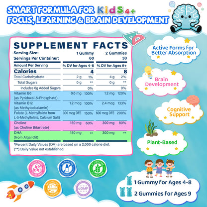 L Methylfolate for Kids Gummies, Active 5-MTHF + Methyl B12, B6, Choline & Vegan DHA, Methylated Vitamins for Kids, MTHFR Supplement Support Mood, Bēhavior, Cognition, Brain, Focus, Sugar Free, 2 Pack