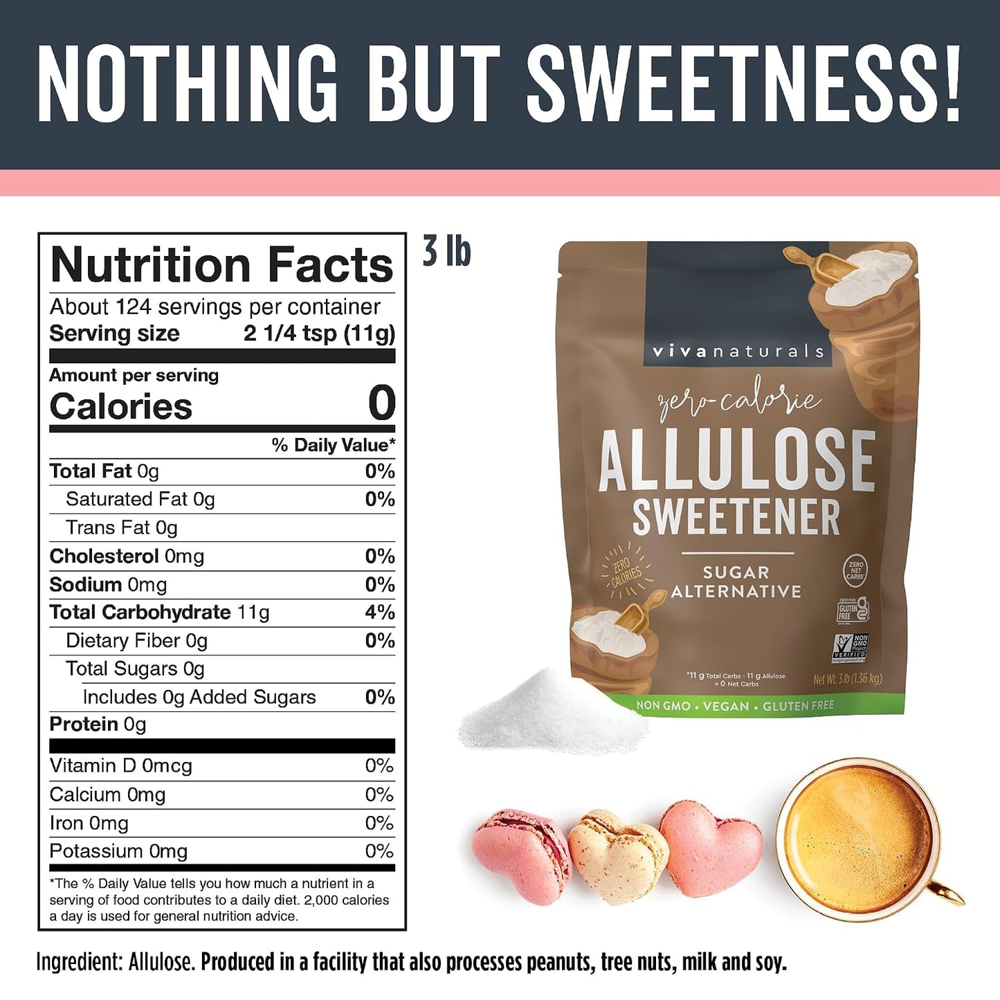 Viva Naturals Allulose Sweetener, 3 lb – Zero Calorie Sugar Alternative, Clean Sweet Taste, No Aftertaste, Ideal for Baking & Sweetening, Keto Friendly, Non-GMO