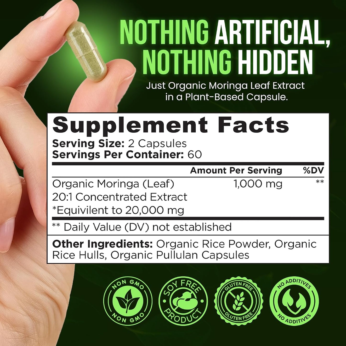 OmniBiotics Organic Moringa Capsules 1000mg Per Serving (120 Vegan Capsules) - Powerful 20:1 Moringa Oleifera Extract for Antioxidant, Immune & Cellular Support, Certified Kosher, Made in USA(60 Days)