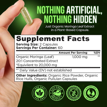 OmniBiotics Organic Moringa Capsules 1000mg Per Serving (120 Vegan Capsules) - Powerful 20:1 Moringa Oleifera Extract for Antioxidant, Immune & Cellular Support, Certified Kosher, Made in USA(60 Days)