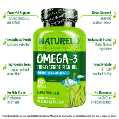 NATURELO Burpless Omega 3 Fish Oil Supplement - 1100mg Triglyceride Omega-3, EPA + DHA, Liquid Fish Oil for Heart, Eye, Brain, Joint Health - 120 Softgels, 4 Months Supply
