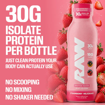 RAW Ready-to-Drink Protein Shake, Strawberry - RTD Protein Drinks with Grass-Fed Whey Protein Isolate for Post-Workout - Zero-Sugar & Gluten-Free Meal Replacement Drink & Breakfast Shake, 12 Fl Oz