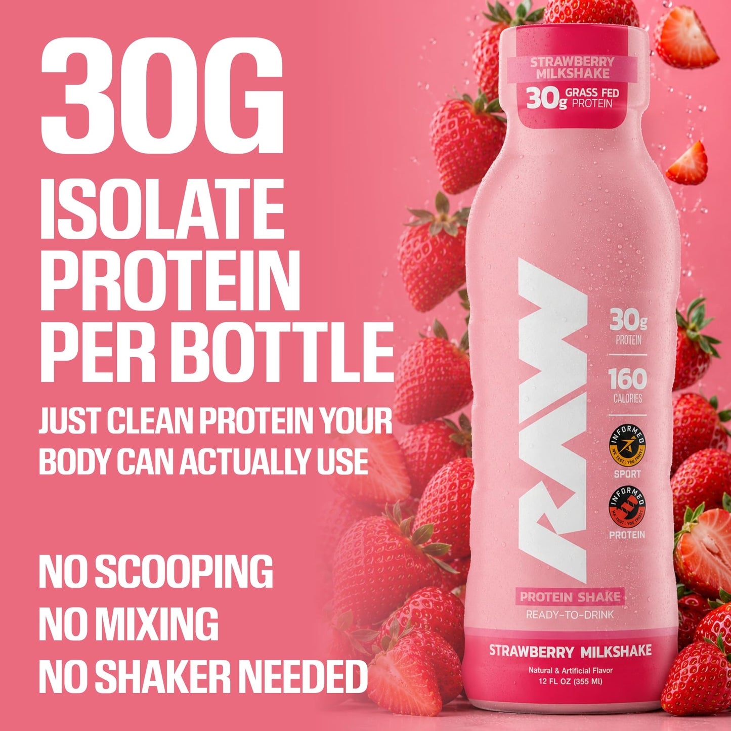 RAW Ready-to-Drink Protein Shake, Strawberry - RTD Protein Drinks with Grass-Fed Whey Protein Isolate for Post-Workout - Zero-Sugar & Gluten-Free Meal Replacement Drink & Breakfast Shake, 12 Fl Oz