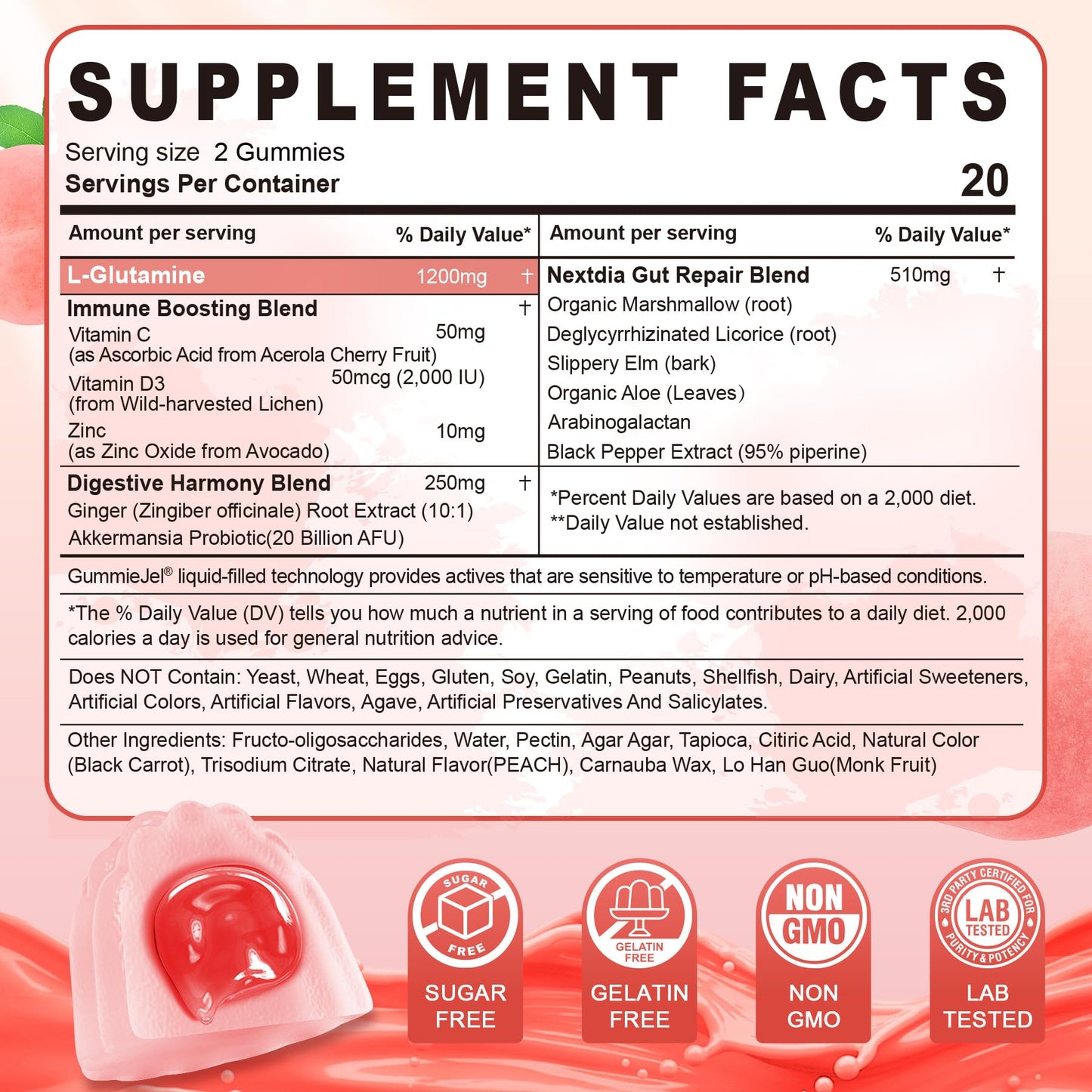 Nextdia L-Glutamine 1200mg Gummies, GLP-1 Friendly, for Gut & Immune Support, Leaky Gut Repair with Akk Probiotic, Slippery Elm, Marshmallow Root, Ginger, Aloe, Vitamin C D3, Zinc, Sugar-Free, 60 Cts