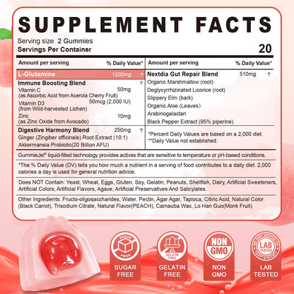 Nextdia L-Glutamine 1200mg Gummies, GLP-1 Friendly, for Gut & Immune Support, Leaky Gut Repair with Akk Probiotic, Slippery Elm, Marshmallow Root, Ginger, Aloe, Vitamin C D3, Zinc, Sugar-Free, 60 Cts