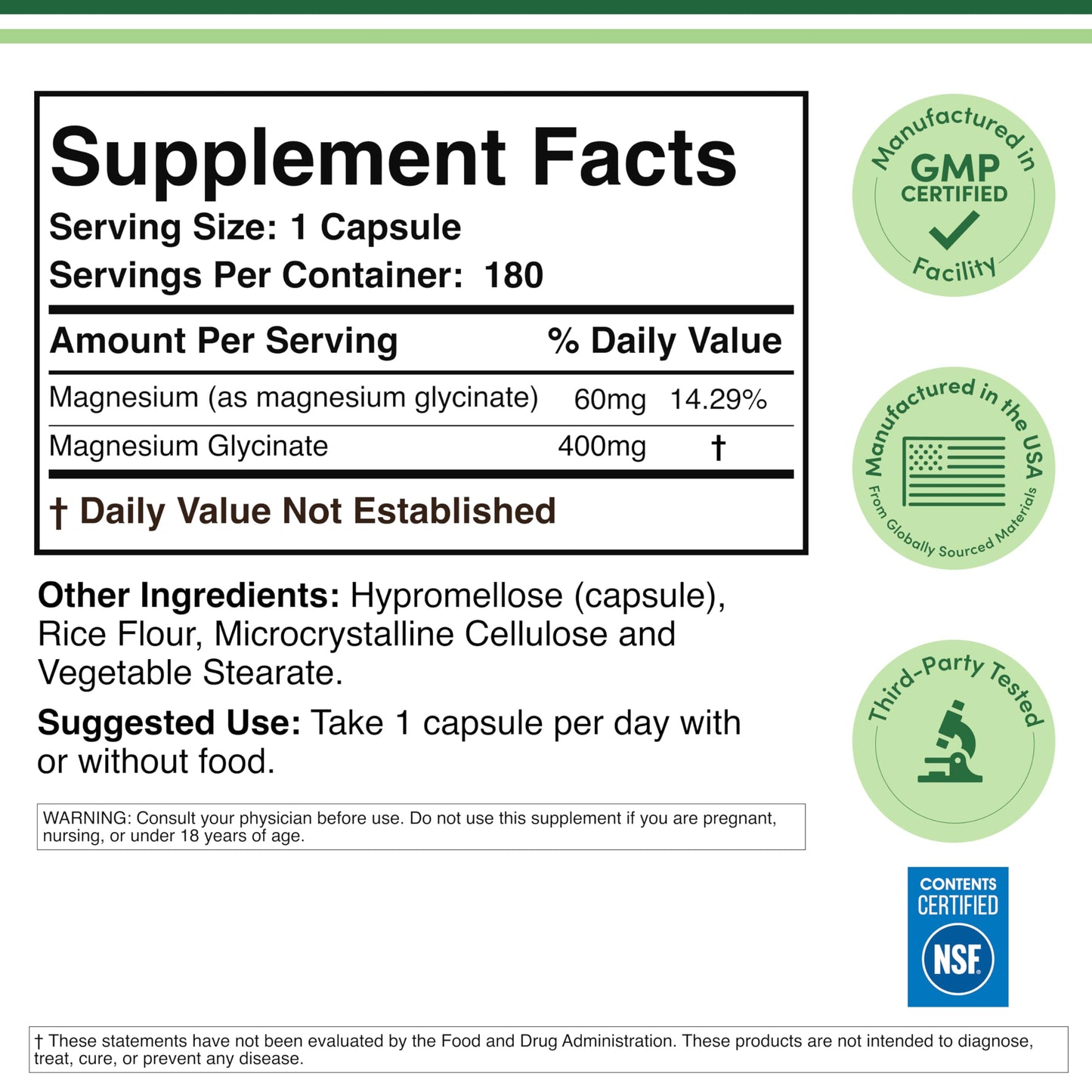 Magnesium Glycinate 400mg | 180 Capsules | Sleep, Muscle, & Heart Support | Vegan, Third Party Tested, Gluten Free, Non-GMO, by Double Wood Supplements