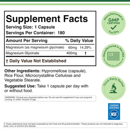Magnesium Glycinate 400mg | 180 Capsules | Sleep, Muscle, & Heart Support | Vegan, Third Party Tested, Gluten Free, Non-GMO, by Double Wood Supplements